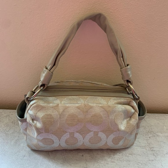 Coach Signature Zip Top Shoulder Bag Beige Silver 13x7 Purse 13507 Y2K 2009 - Picture 1 of 16